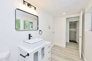 Half bath featuring vanity, light wood-style flooring, and recessed lighting