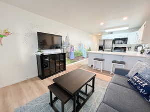 Living area with light wood-style floors and recessed lighting