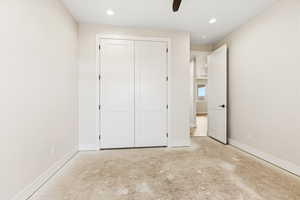 Unfurnished bedroom with recessed lighting, a closet, and a ceiling fan
