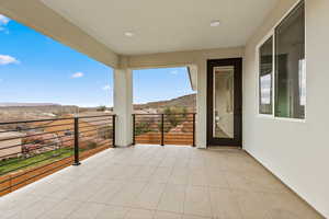 View of patio / terrace featuring a mountain view