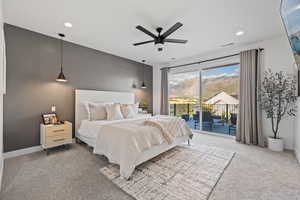 Bedroom with carpet floors, access to outside, a ceiling fan, and recessed lighting