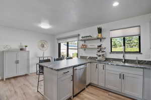 Bright new kitchen filled with natural light, new cabinetry and open shelves