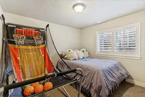 Bedroom with carpet flooring and a textured ceiling