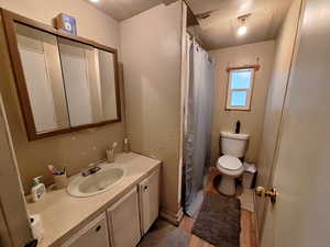 Bathroom featuring vanity, light wood-type flooring, and a shower with shower curtain