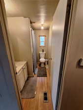 Full bathroom with light wood-style floors, vanity, and curtained shower