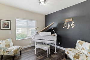 Office Den or Music Room featuring dark wood-style flooring and accent wall.