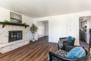 Living area with a fireplace and dark wood-style flooring
