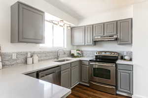 Kitchen with gray cabinets, appliances with stainless steel finishes, under cabinet range hood, dark wood-style flooring, and tasteful backsplash