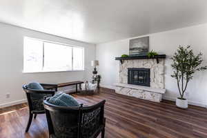 Living room featuring a fireplace and dark wood-style floors