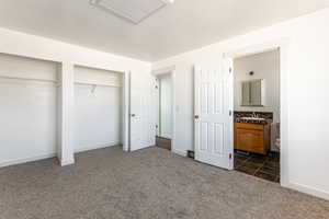 Primary bedroom with dark colored carpet, multiple closets, connected bathroom, and attic access