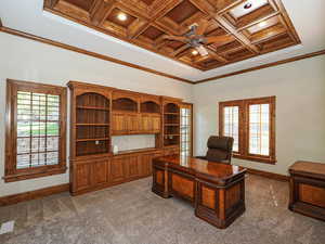 Office area featuring ornamental molding, coffered ceiling, dark carpet, ceiling fan, and recessed lighting