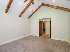 Unfurnished room featuring recessed lighting, carpet, beam ceiling, a ceiling fan, and high vaulted ceiling