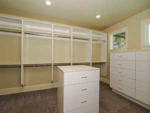 Primary Suite closet featuring dark colored carpet