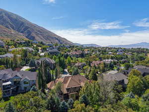 Aerial view of residential area with a mountainous background