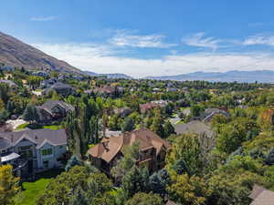 Aerial perspective of suburban area featuring a mountainous background