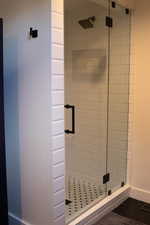 Full bathroom featuring a shower stall and dark tile patterned floors
