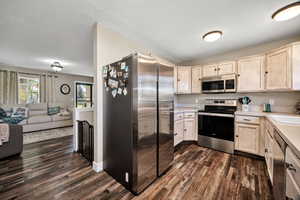 Kitchen with appliances with stainless steel finishes, light brown cabinetry, light countertops, open floor plan, and dark wood-style floors