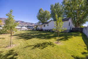 Fenced backyard featuring a mountain view