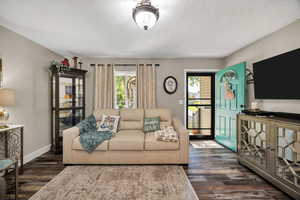 Living room featuring dark wood-style flooring and a textured ceiling