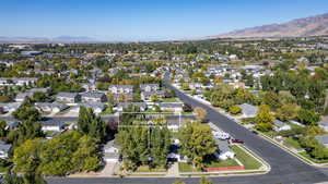 Aerial view of residential area with a mountain backdrop