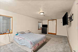Bedroom featuring carpet flooring, a textured ceiling, and a closet