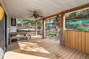 Covered deck featuring a ceiling fan and a fenced backyard
