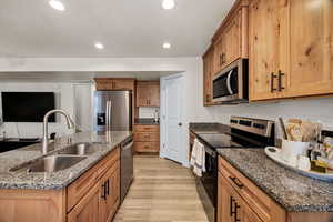Kitchen featuring stainless steel appliances, light wood-type flooring, recessed lighting, dark stone countertops, and a kitchen island with sink