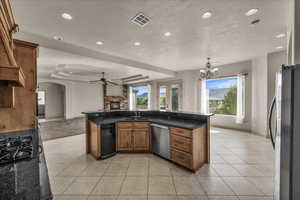 Kitchen with a tray ceiling, a fireplace, ceiling fan, appliances with stainless steel finishes, and plenty of natural light
