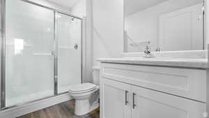 Bathroom with vanity, a stall shower, and dark wood-type flooring