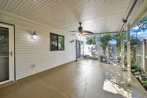 View of patio with ceiling fan