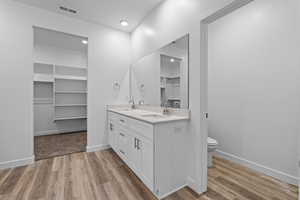 Bathroom with a spacious closet, double vanity, and light wood-style floors