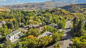 Aerial perspective of suburban area featuring a mountainous background