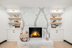 Detailed view of built in features, wood finished floors, and a premium fireplace