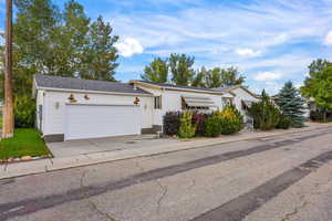 View of front of house featuring a garage, concrete driveway, and roof with shingles