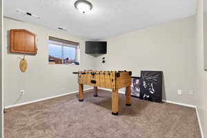 Playroom featuring carpet floors and a textured ceiling