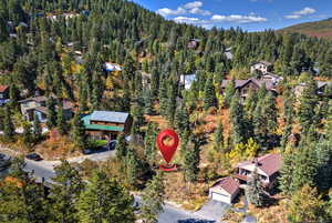 Aerial view of property's location with a forest