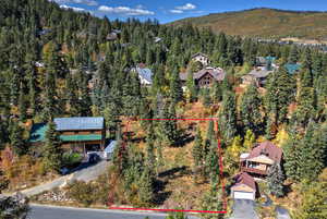 View of property location featuring a heavily wooded area and property boundaries highlighted