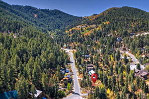 Aerial view of property and surrounding area featuring mountains and a heavily wooded area