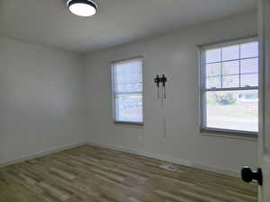 Spare room featuring plenty of natural light and wood finished floors