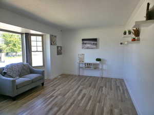 Sitting room with light wood-style floors, a textured ceiling, and ornamental molding