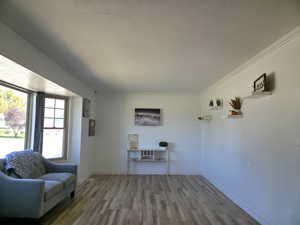 Living area featuring a textured ceiling, wood finished floors, and crown molding