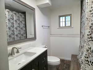 Bathroom featuring vanity, dark wood-style flooring, and a shower with curtain