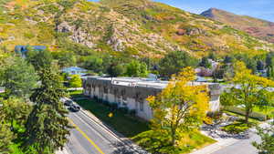 Drone / aerial view of a mountainous background