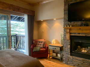 Bedroom featuring wood finished floors, access to outside, and a fireplace