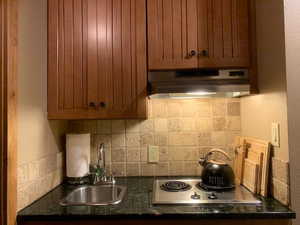 Kitchen featuring backsplash, under cabinet range hood, stainless steel electric cooktop, and brown cabinetry