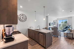 Kitchen featuring a peninsula, stainless steel dishwasher, hanging light fixtures, light wood-style flooring, and open floor plan