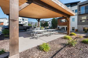 View of patio with a mountain view