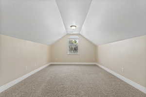 Additional living space with carpet and vaulted ceiling