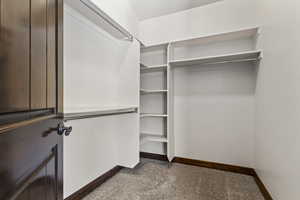 Walk in closet with light colored carpet