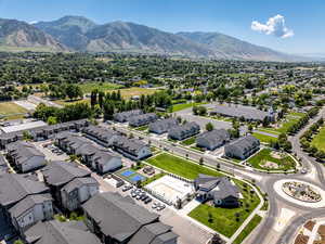 Aerial perspective of suburban area featuring mountains